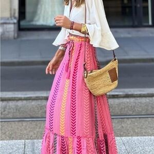 NWOT Small Boho Pink Maxi Skirt with Chevron Stripes